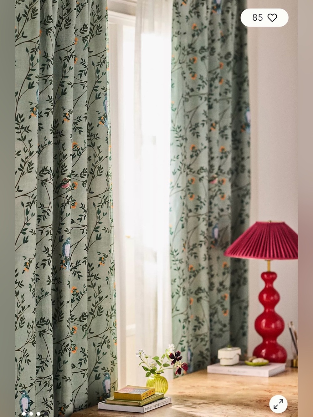 Anthropologie Priyanka Organic Cotton Printed Bird Curtain, Green
